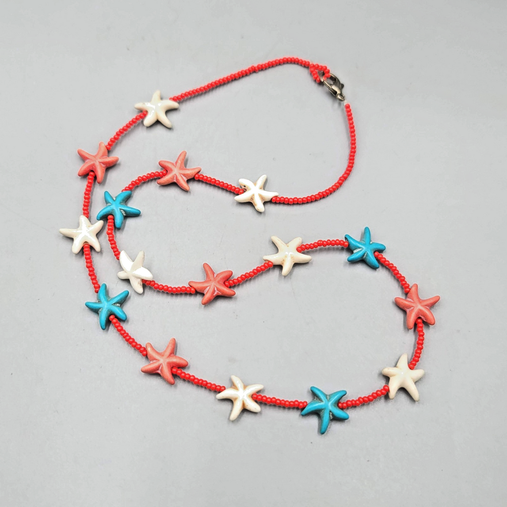 Red White Blue Stone Starfish Bead Necklace 20 in