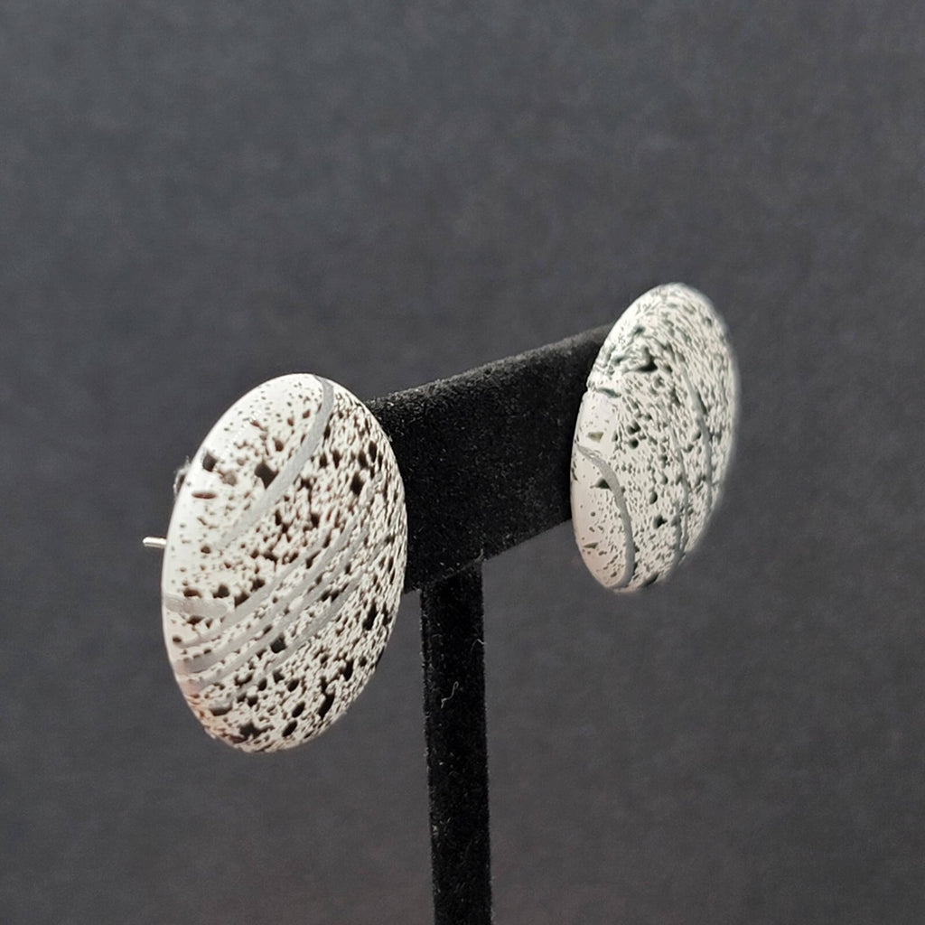 Vintage Pierced Earrings White Round Silver Black Spatter 1"