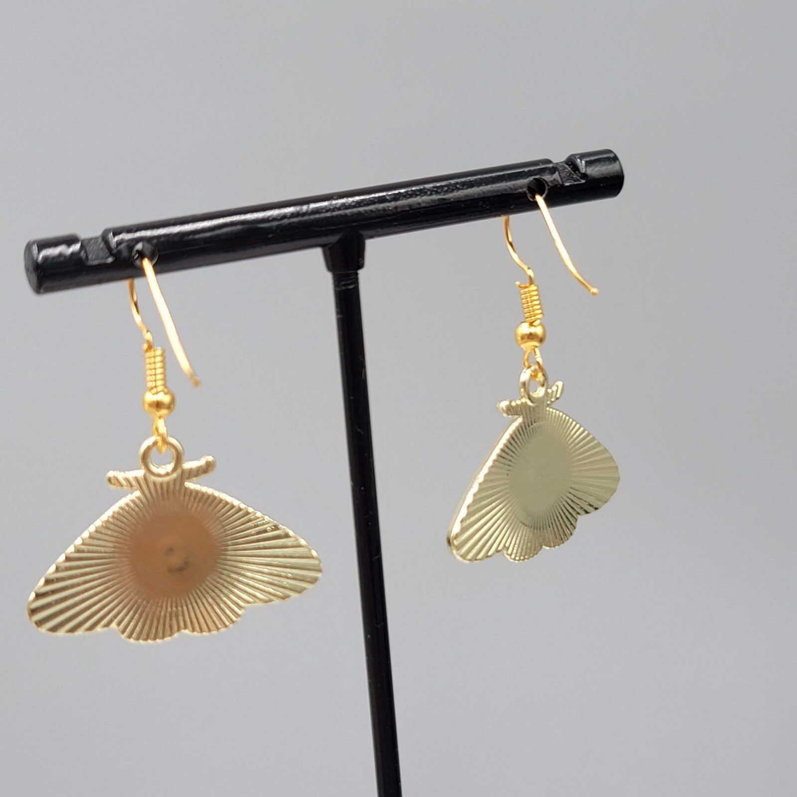 Moth Pierced Earrings Gold tone Yellow Blue Enamel Dangle 3/4"