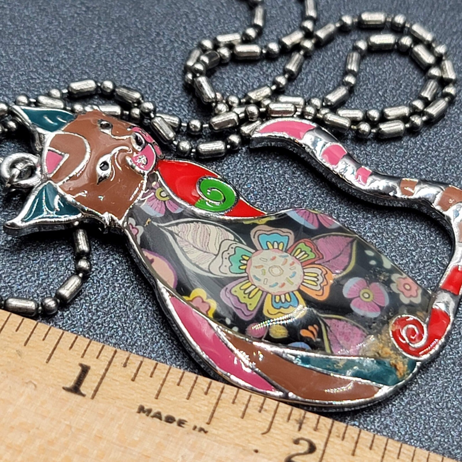 Marte and Joven Whimsical Enamel Cat Pendant Necklace Silver tone Ball Chain 26"