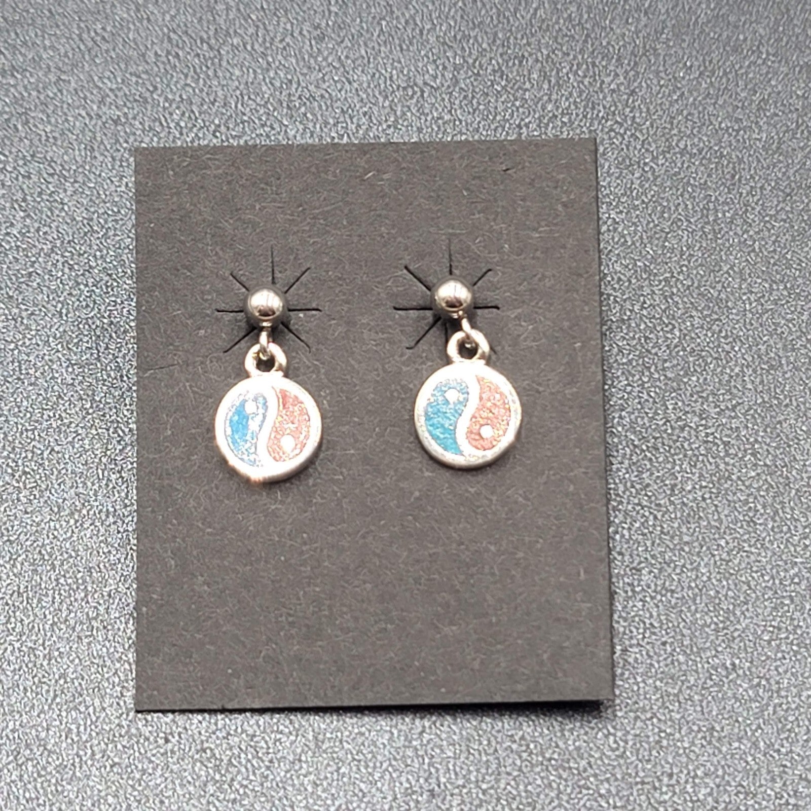 Vintage Peace Sign Pierced Earrings Silver Plated Turquoise Coral Inlay NOS