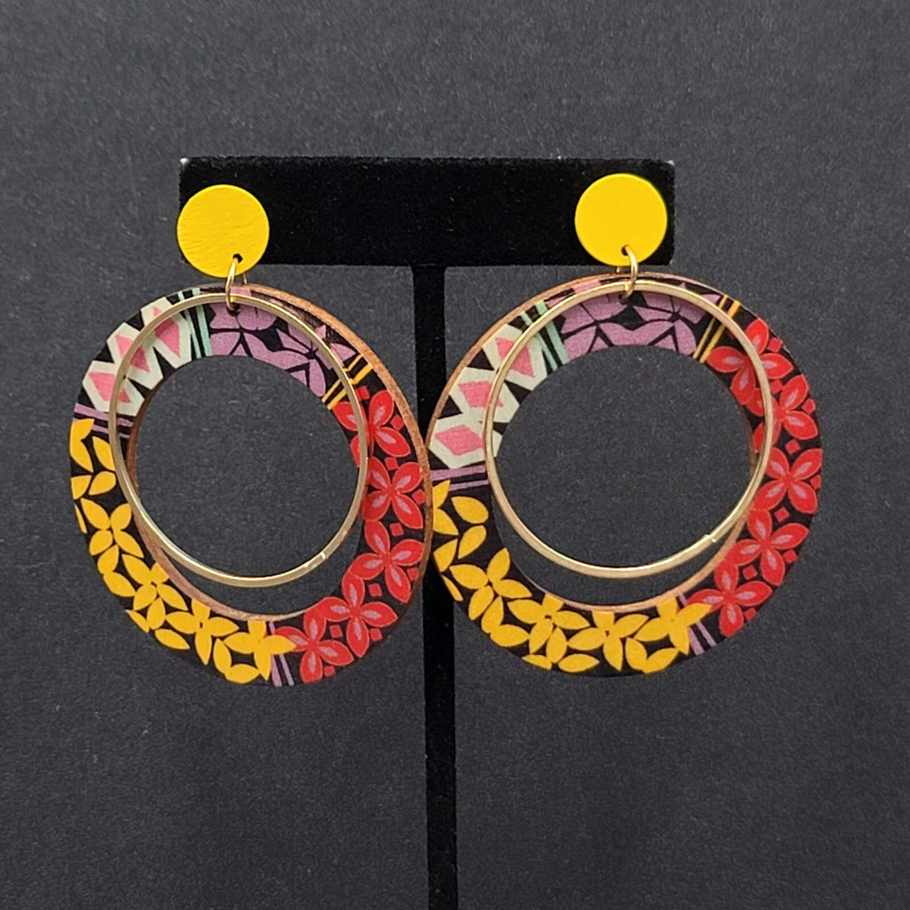 Pierced Earrings Multicolor Yellow Gold tone Wood Hoops Statement 2 3/8"
