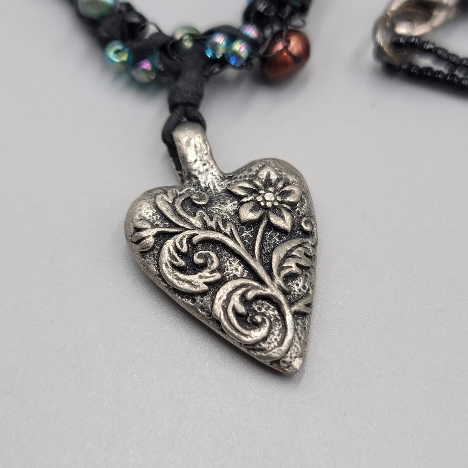 Artisan Heart Pendant Necklace Pearls Glass Bead 20"