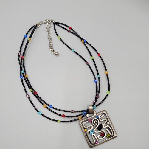 Chicos Necklace Multi color Rhinestones Black Seed Bead 16"