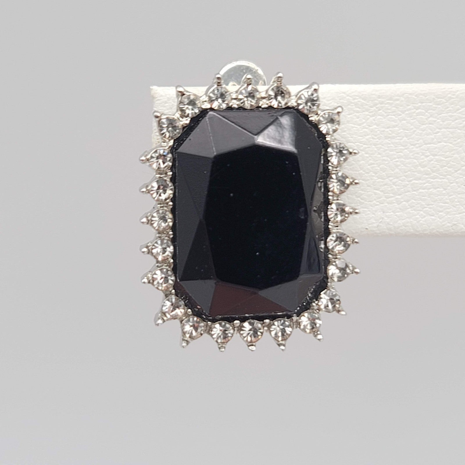 Vintage Faceted Black Glass Clip on Earrings Silver tone 1 in