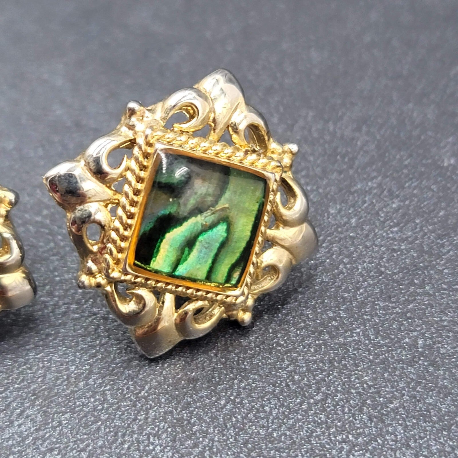 Vintage Pierced Earrings Gold tone Ornate Square Faux Abalone Stud 7/8"