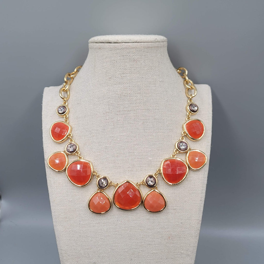 Dana Buchman Necklace Gold tone Orange Accents Rhinestones Adj 16"-19"