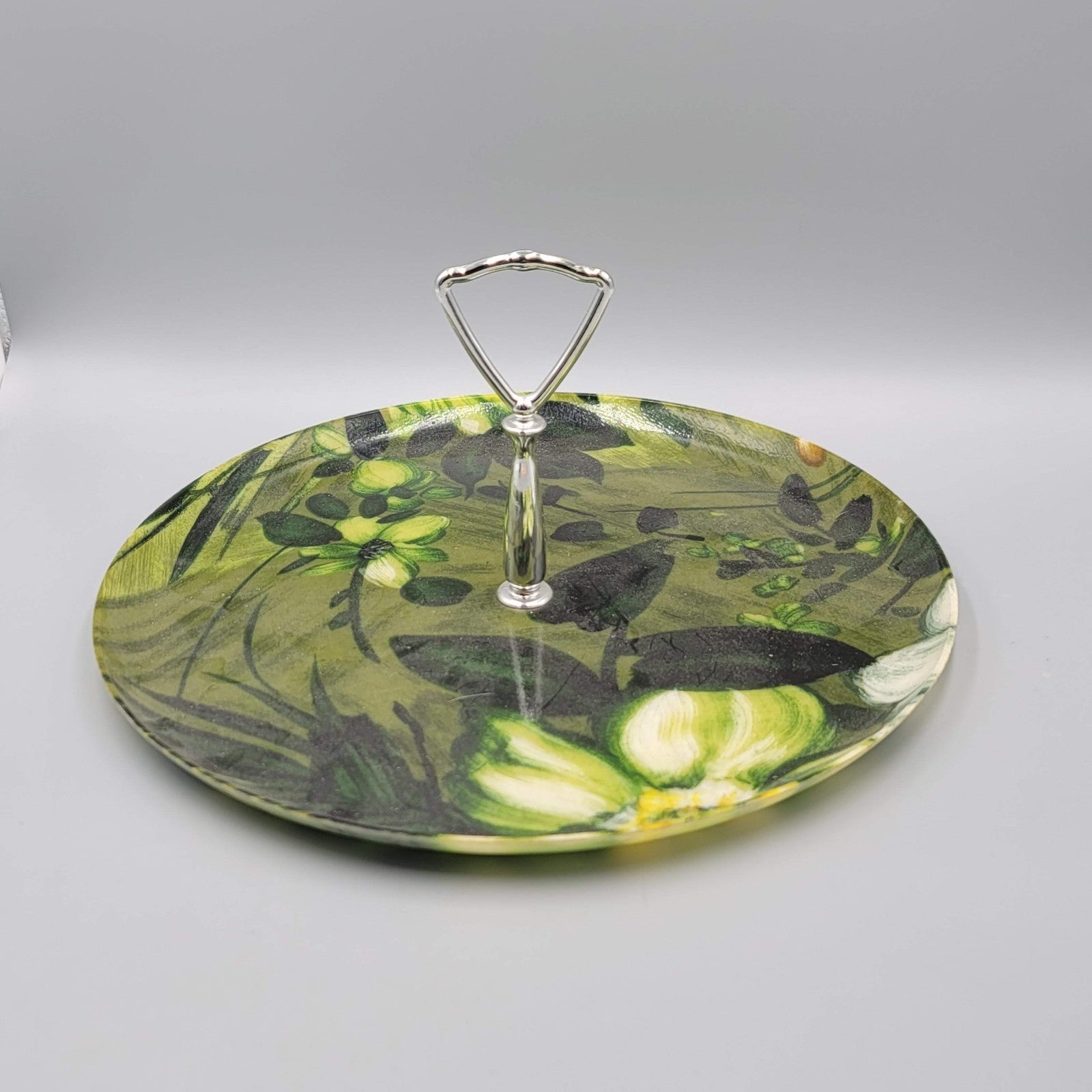 Vintage MCM Fiberglass Serving Tray Round Green Flowers 11"