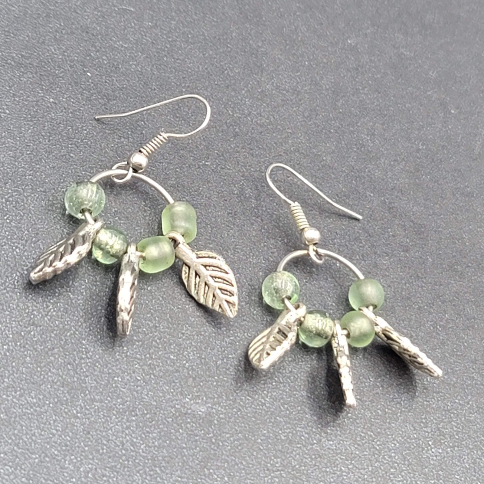 Pierced Earrings Silver tone Green Glass Bead Leaves Dangle  1.25"