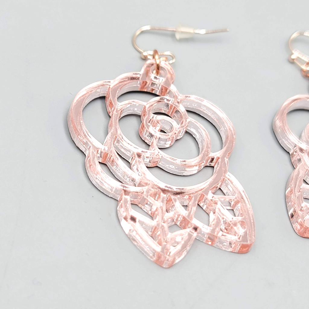 Pink Mirrored Open Work Flower Pierced Earrings Silver tone Dangle 2"