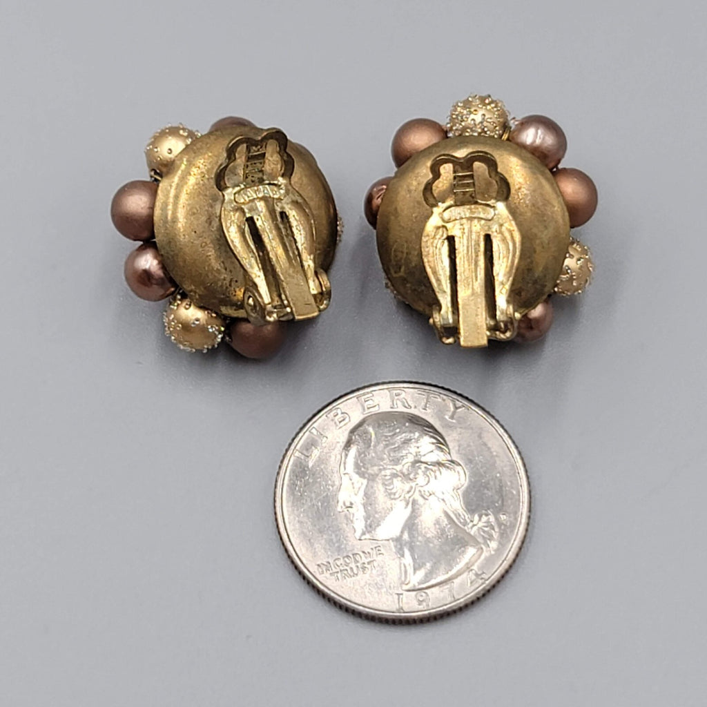 Vintage Japan Clip on Earrings Brown Cluster Bead Gold tone 7/8"