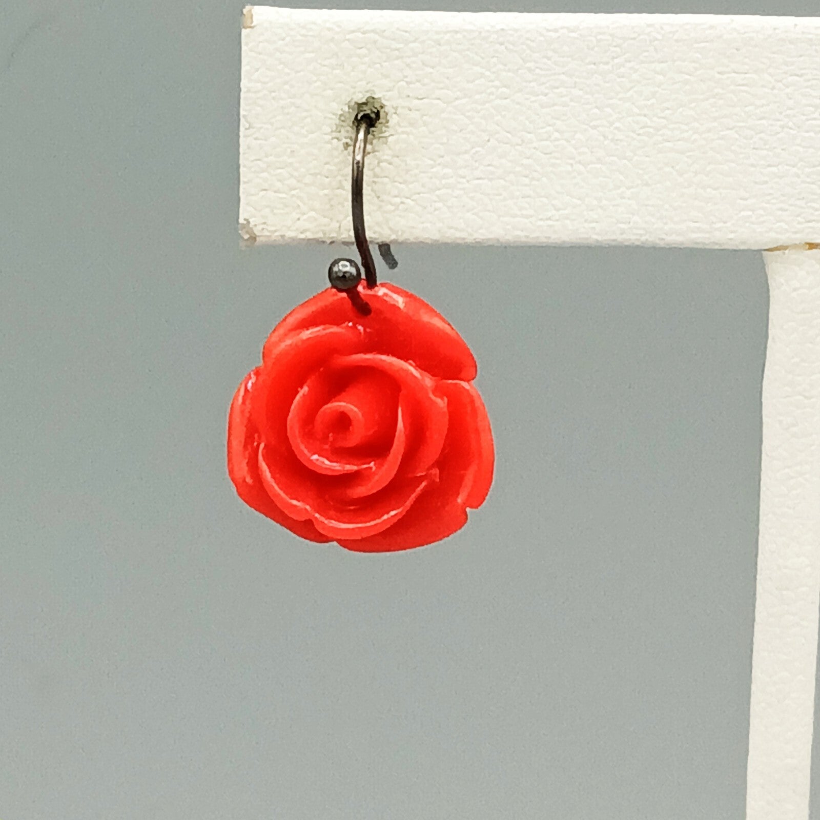 Pierced Earrings Red Acrylic Carved Rose Flower Dangle 5/8"