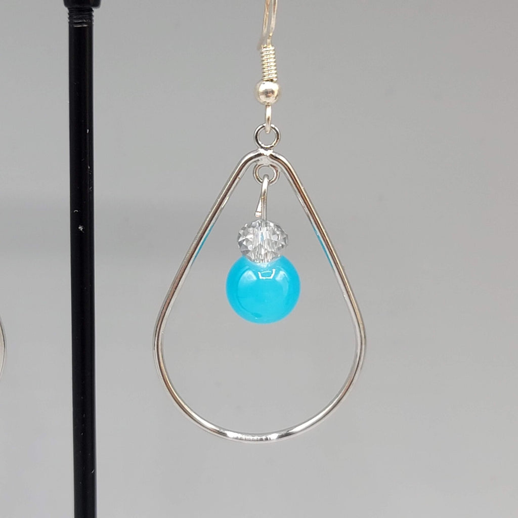 Pierced Earrings Silver tone Teardrop Hoops Blue Bead Dangle 1.5"