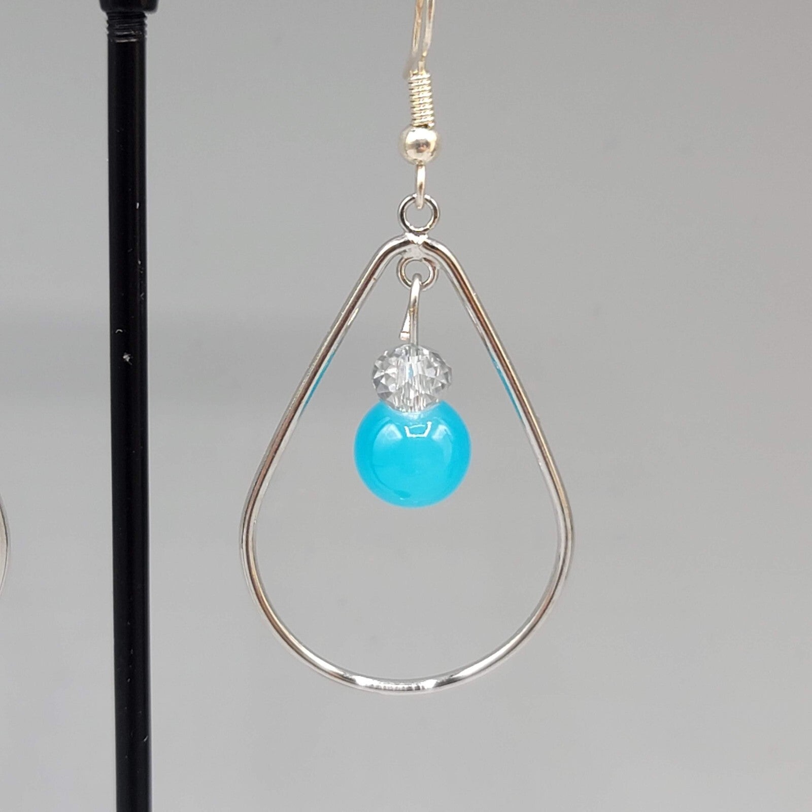 Pierced Earrings Silver tone Teardrop Hoops Blue Bead Dangle 1.5"