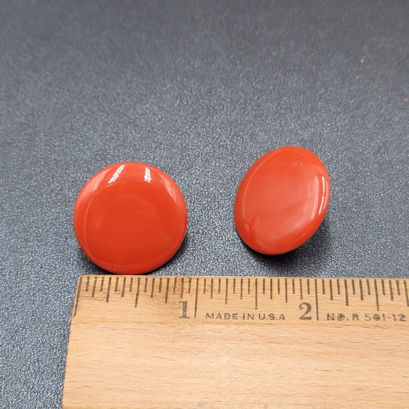 Vintage Clip on Earrings Dark Orange Red Enamel Circle Button Studs 1"