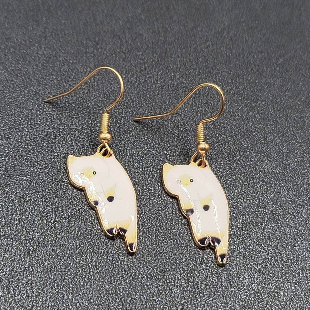 Pierced Earrings Gold tone White Enamel Kitty Cat Dangle 1"