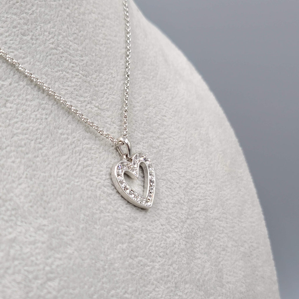 Open Heart Crystal Pendant Necklace Silver tone 16"-20"