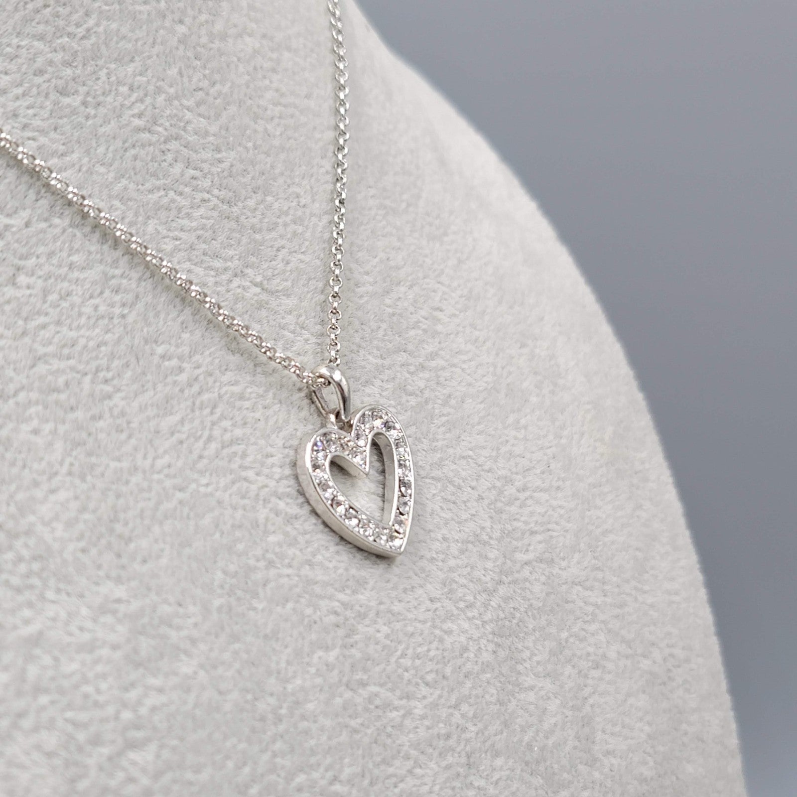 Open Heart Crystal Pendant Necklace Silver tone 16"-20"