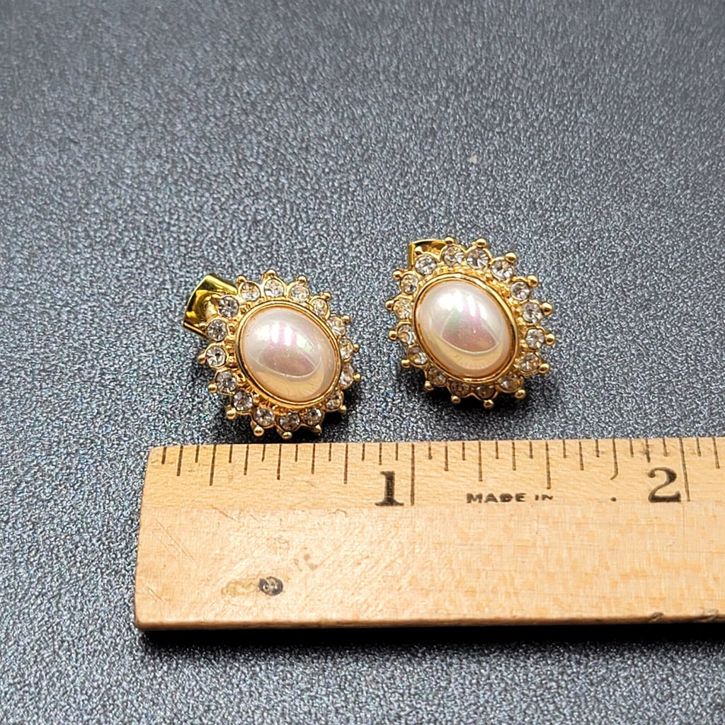 Pierced Earrings Gold Plated Crystal Oval Iridescent Cabochon Studs 5/8"