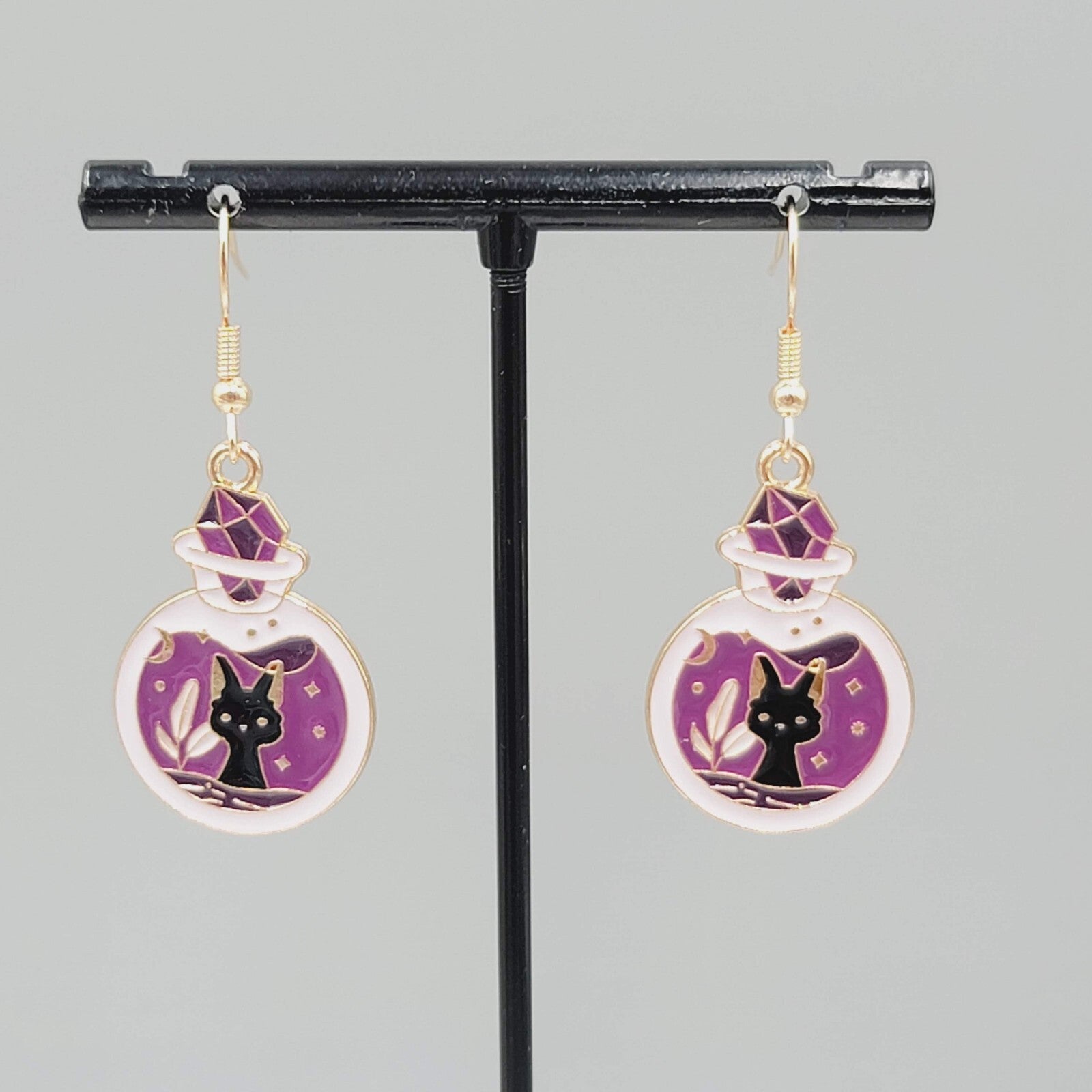 Potion Black Cat Pierced Earrings Enamel Gold tone Dangle New 1 1/8"