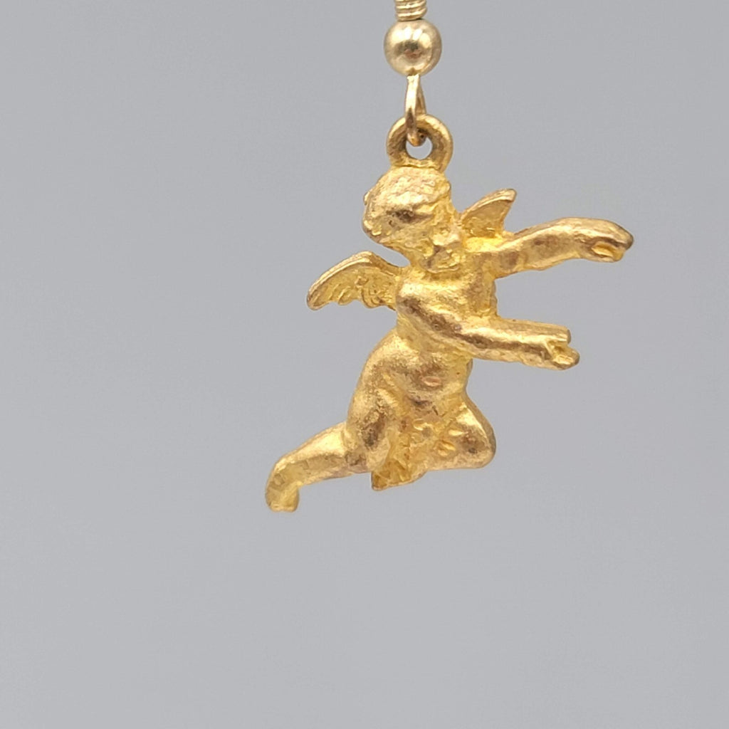 Vintage Cupid Cherub Angel Pierced Earrings Gold tone Dangle 1"