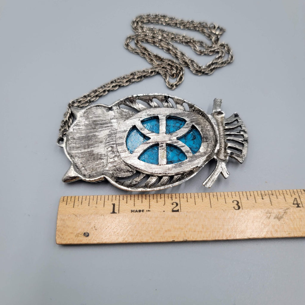 Vintage Owl Necklace Silver tone Blue Speckle Acrylic Large 3.5" Pendant 24" L