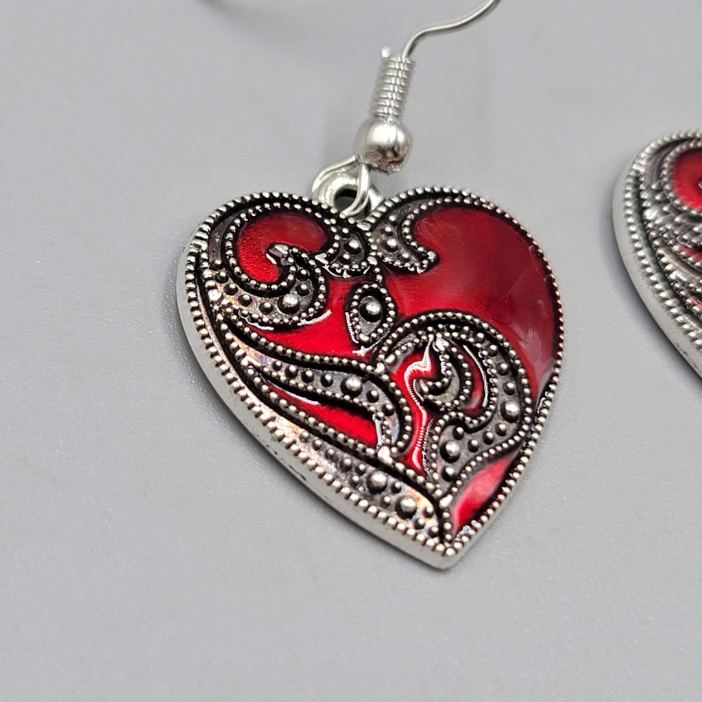 Satin Enamel Heart Pierced Earrings Black Swirl Accent Silver tone Dangle 1"