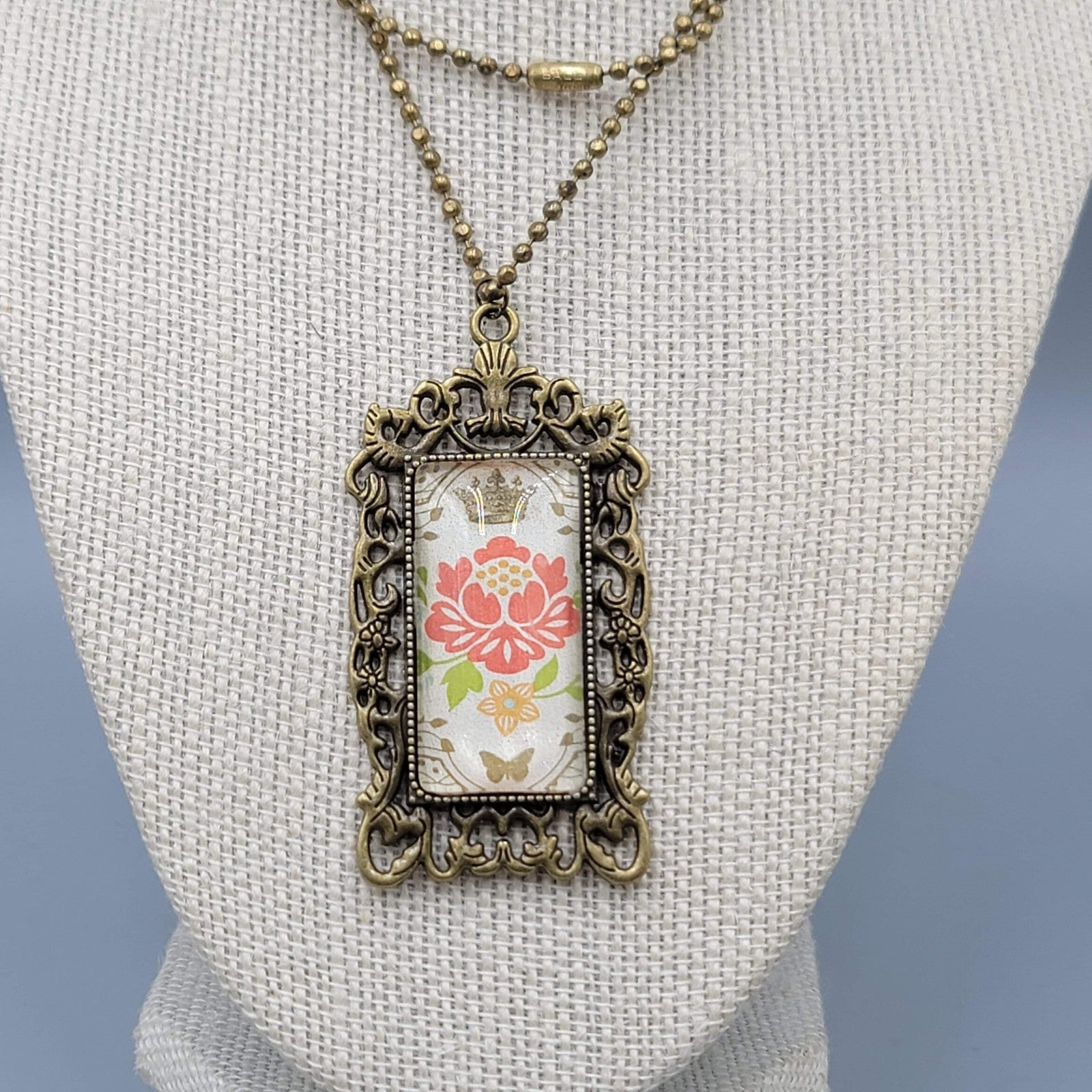 Vintage Floral Glass Framed Pendant Necklace 30" Ball Chain Bronze tone