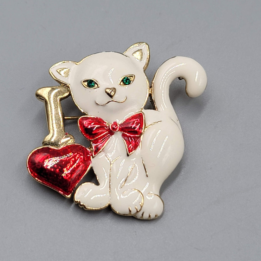 Vintage I Heart Kitty White Cat Brooch Gold tone Enamel 2"