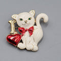 Vintage I Heart Kitty White Cat Brooch Gold tone Enamel 2"