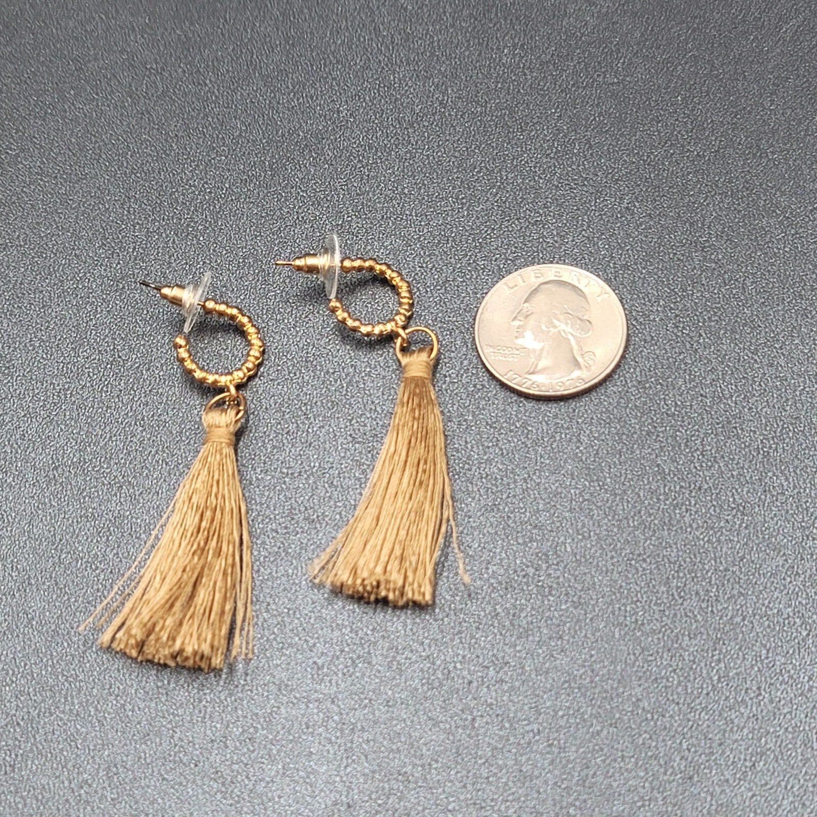 Pierced Earrings Gold Plate Hoops Thread Tassels 2.25"