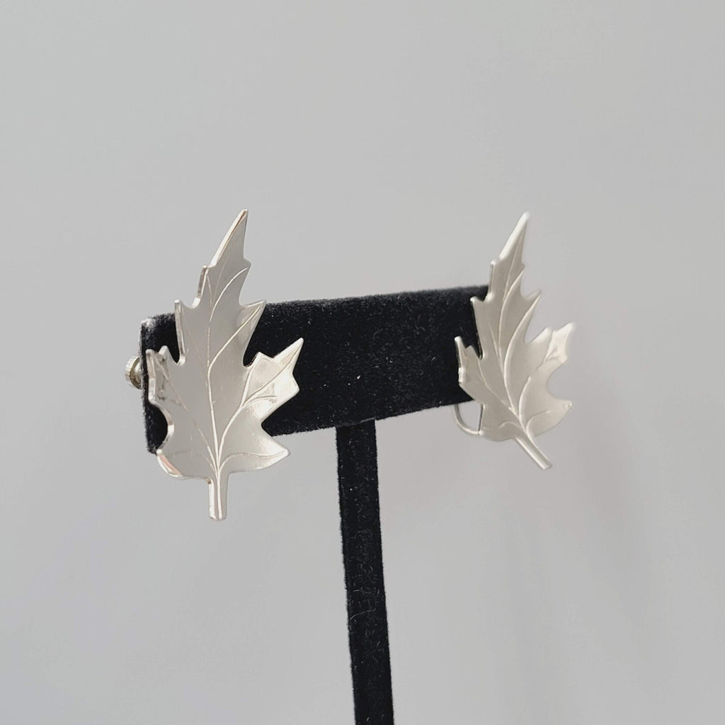 Vintage Clip on Earrings Silver tone Leaf Screw Back 1.25"