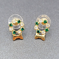 Christmas Pierced Earrings Gold tone Rhinestone Wreath Studs 1/2"