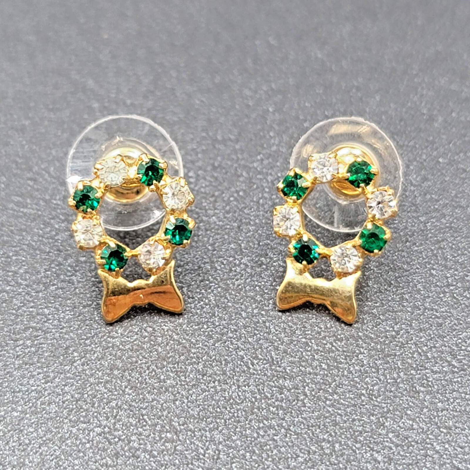 Christmas Pierced Earrings Gold tone Rhinestone Wreath Studs 1/2"