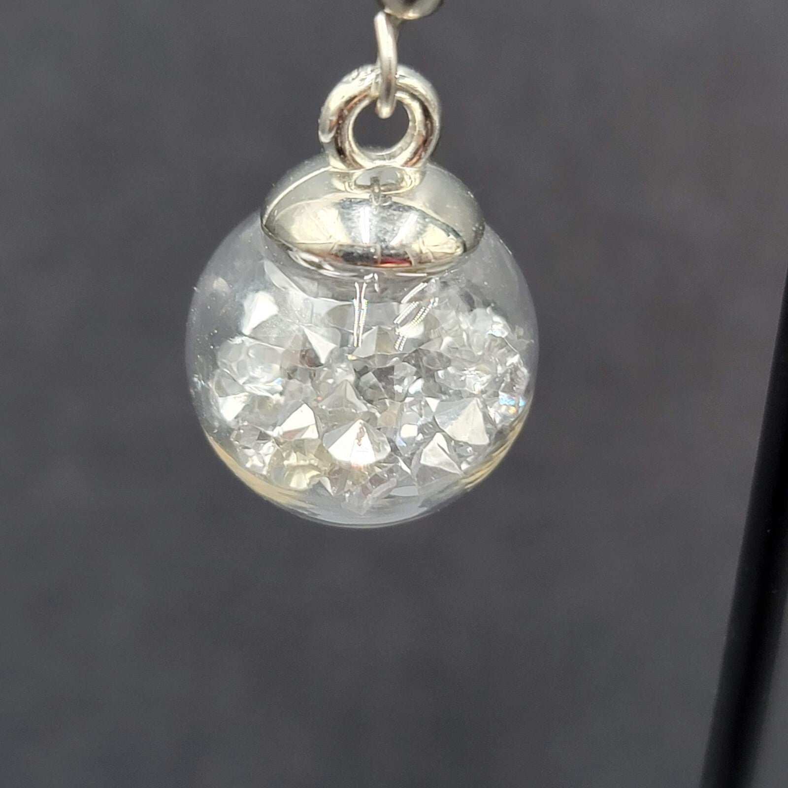 Pierced Earrings Silver tone Loose Silver Rhinestones Filled Sphere Dangle 3/4"