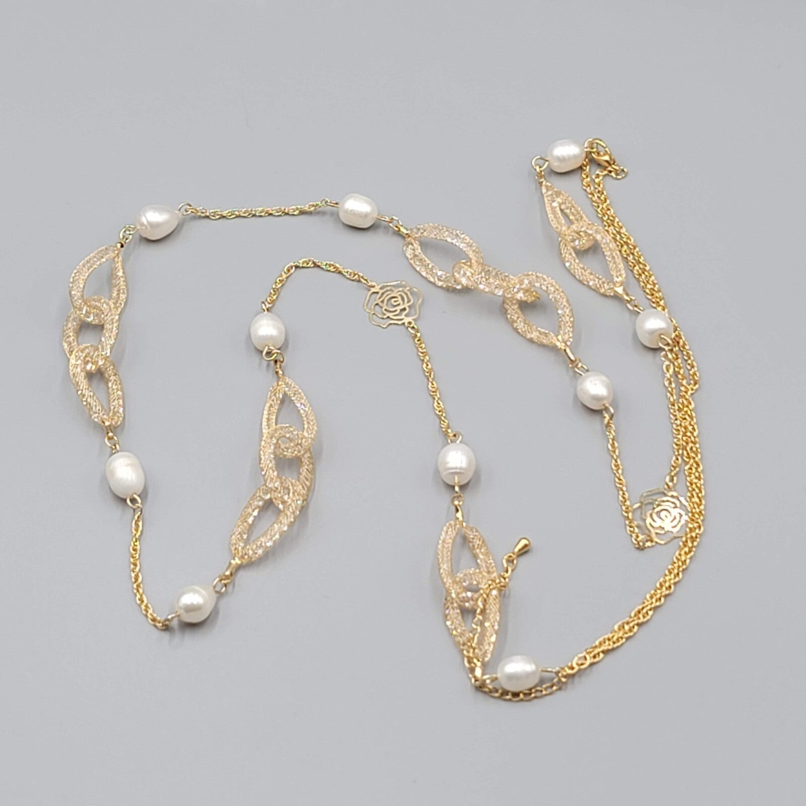 Long Dainty Pearl Necklace Gold Plated Mesh Clover Station 40"-42"