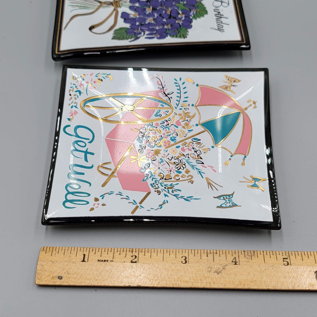 Vintage Houze Art Tray Happy Birthday and Get Well Glass Tray Lot Flowers