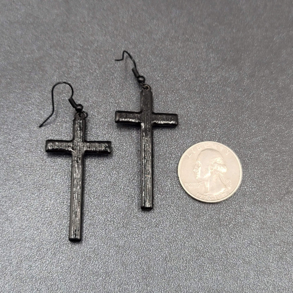 Cross Heart Pierced Earrings Black Metal Enamel AB Rhinestones Dangle 1 7/8"
