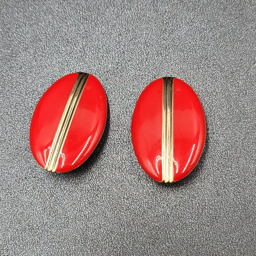 Vintage Clip on Earrings Red Enamel Gold tone Oval Drop Lightweight 1.5"