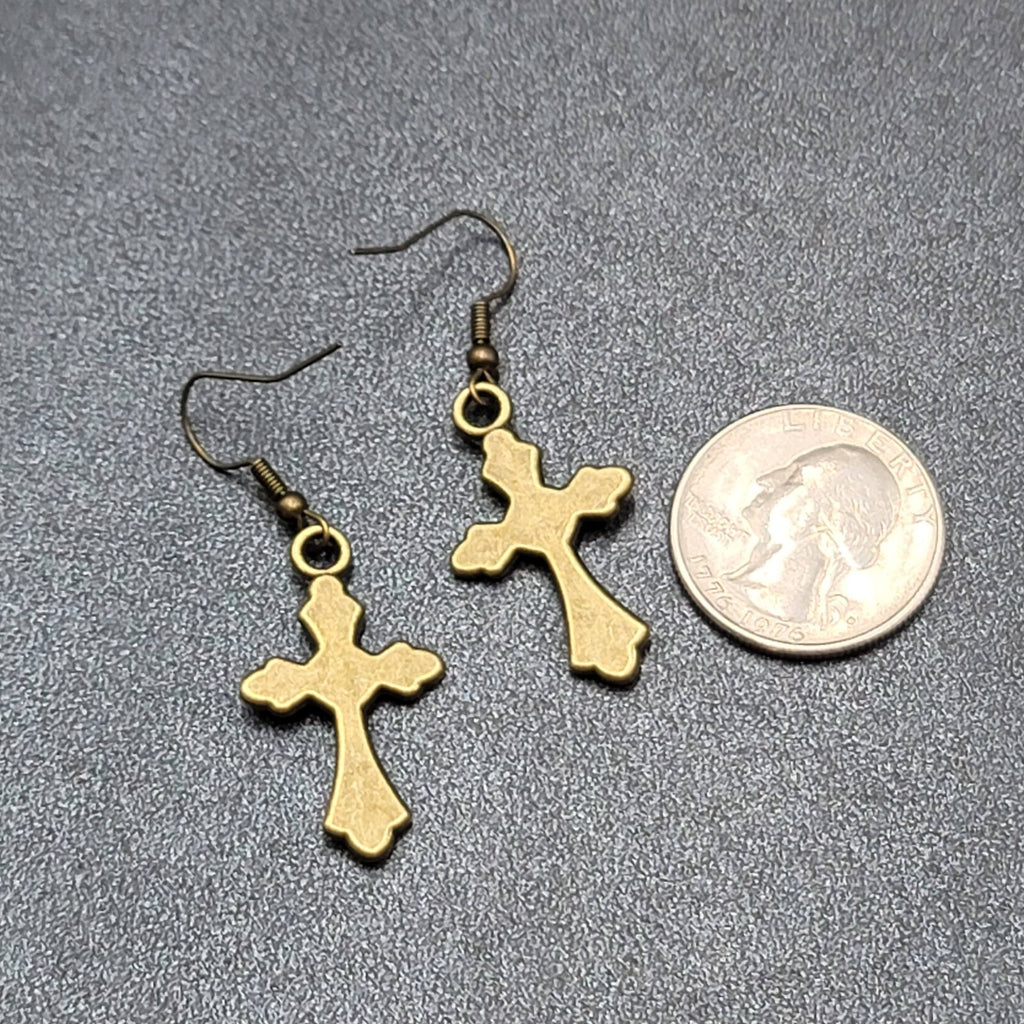 New Crucifix Cross Pierced Earrings Bronze tone Dangle 1 1/8"