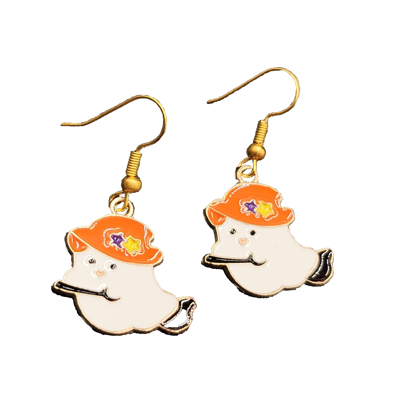 Halloween Witch Ghost Pierced Earrings Gold tone Enamel Dangle New 7/8"