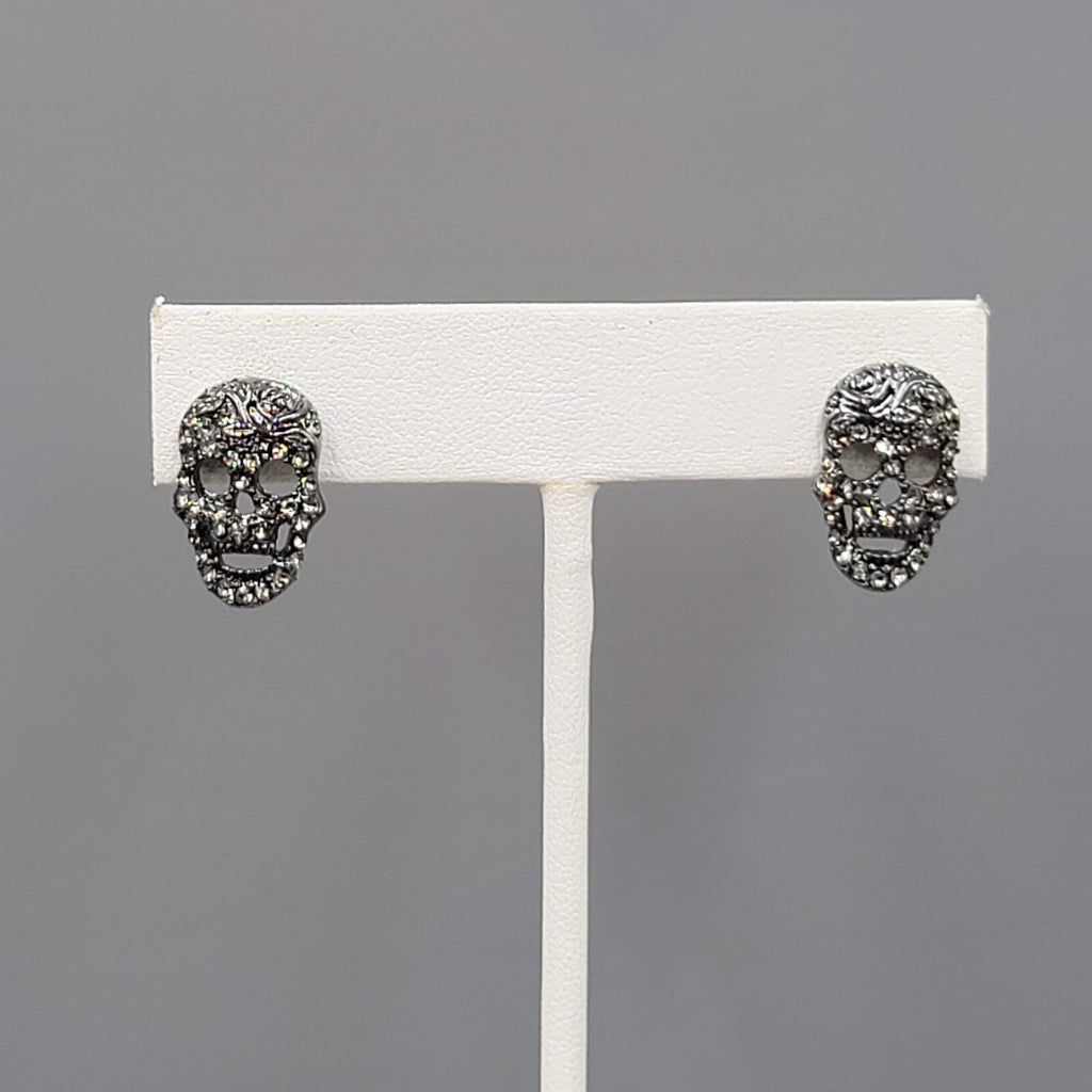 Black Crystal Skull Pierced Earrings Drop Halloween 5/8"