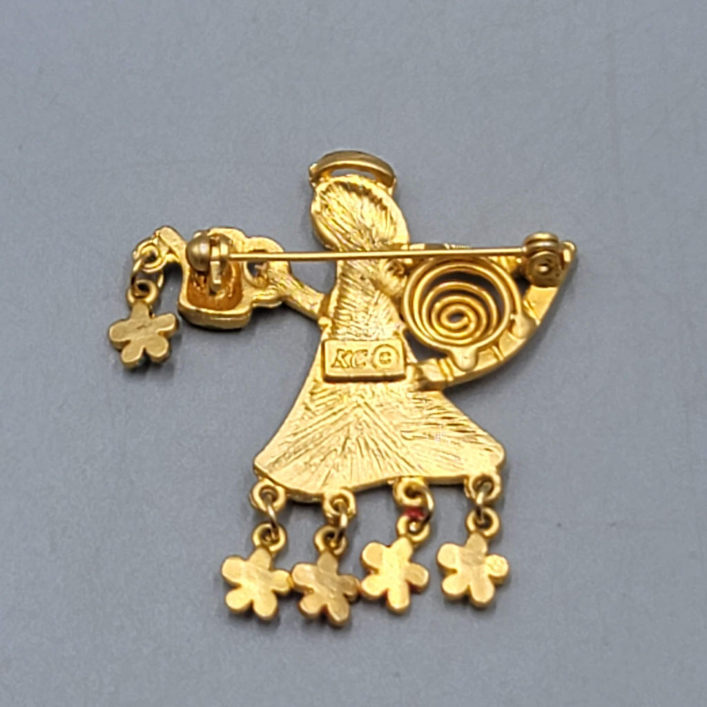Vintage KC Garden Angel Brooch Gold tone Enamel Flower Rhinestones 1.75 in