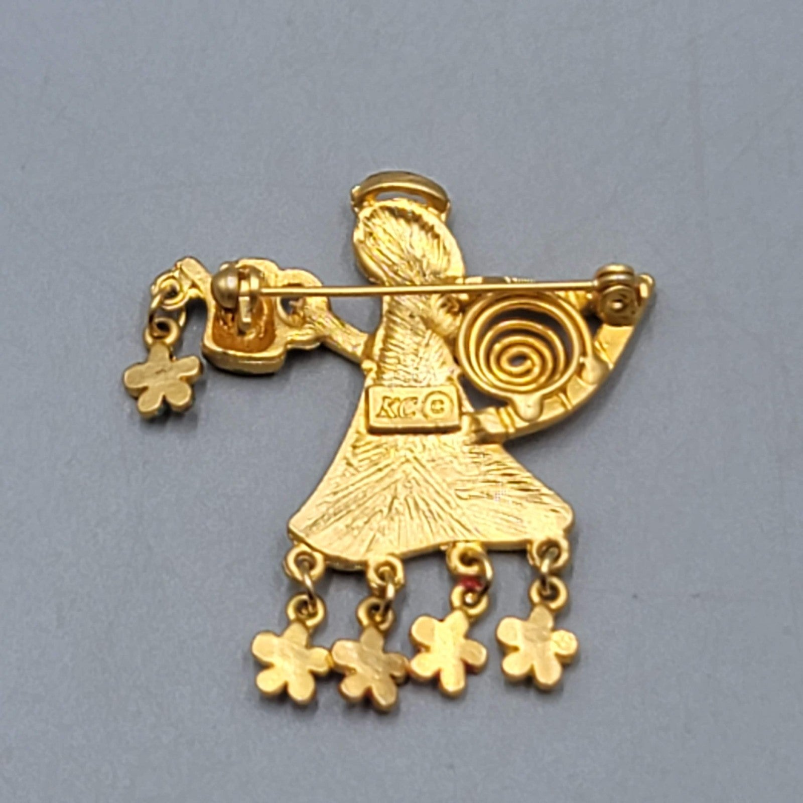 Vintage KC Garden Angel Brooch Gold tone Enamel Flower Rhinestones 1.75 in