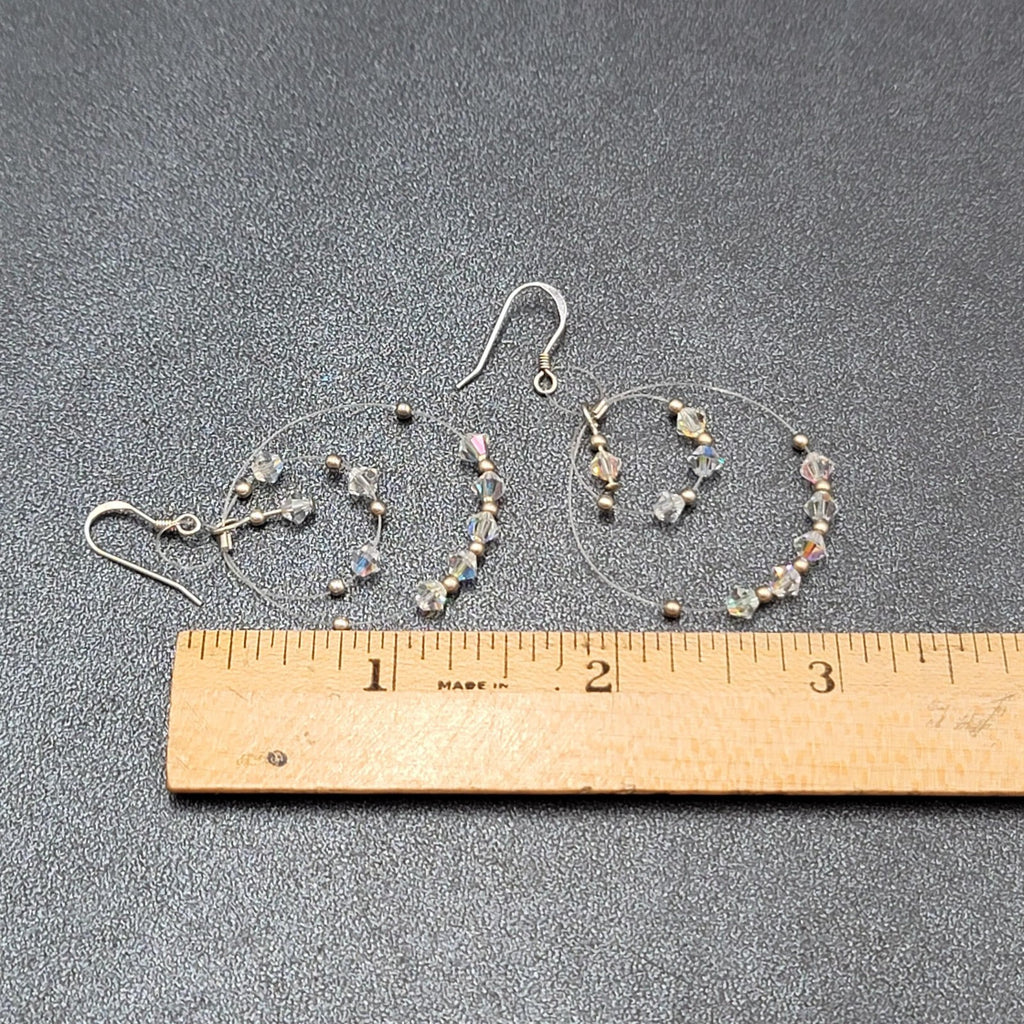 Pierced Earrings Floating Bicone AB Crystal Bead Dangle Hoops 1.75"