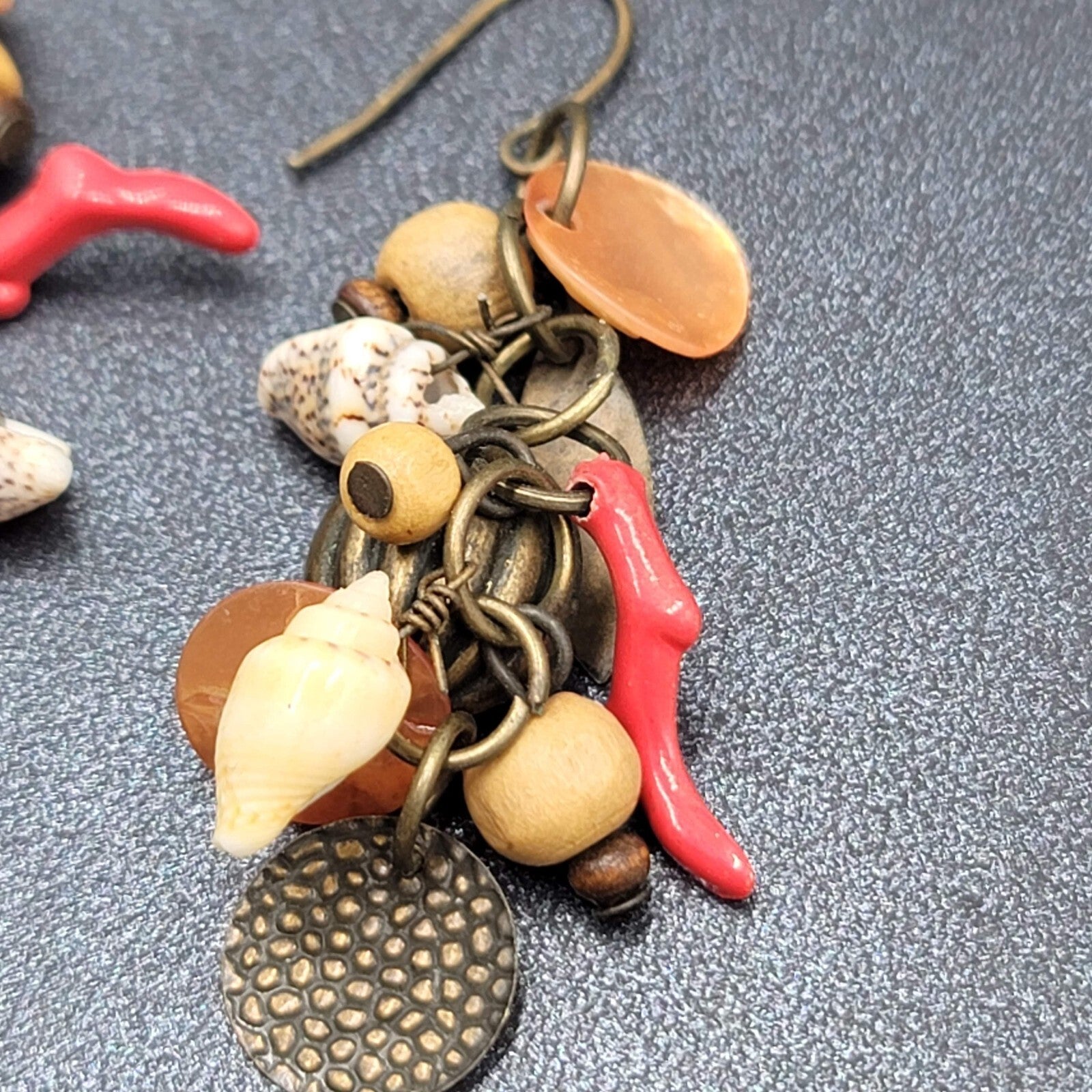 Charm Pierced Earrings Bronze tone Seashells Beads 2"