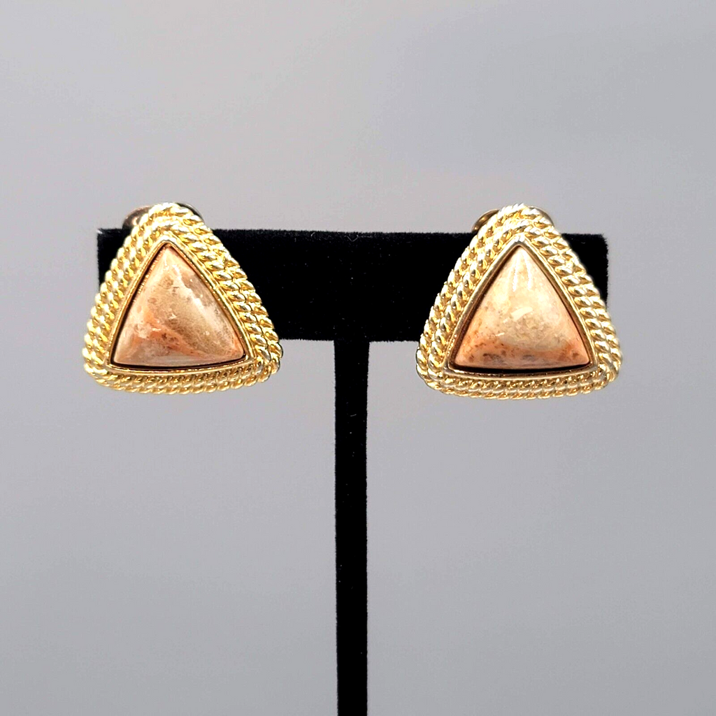 Vintage Triangle Clip on Earrings Gold tone Imitation Stone Center 7/8"
