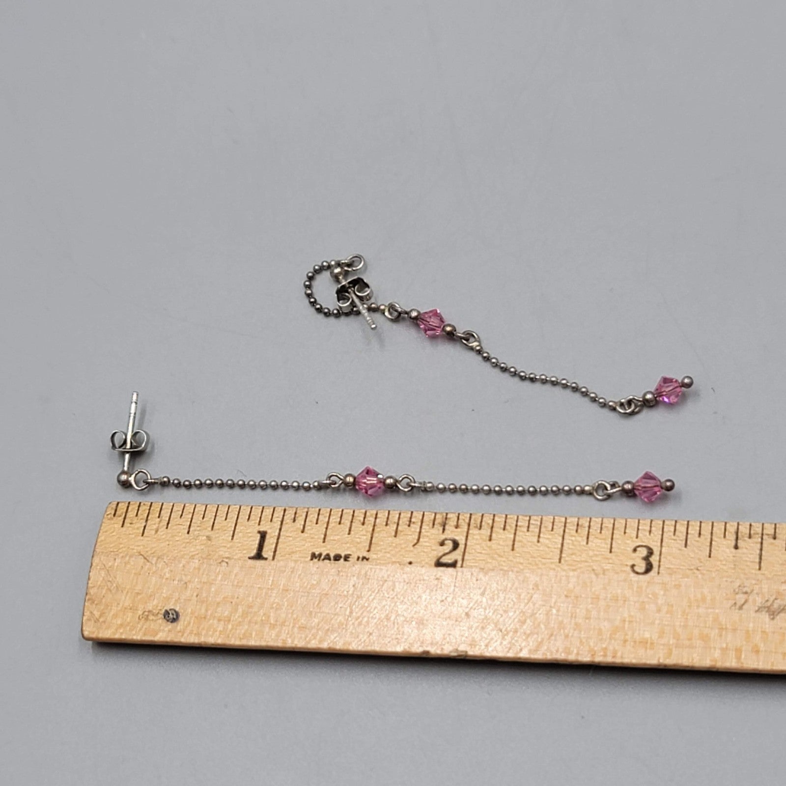 Long Pink Crystal Pierced Earrings Silver tone Dangle  3"