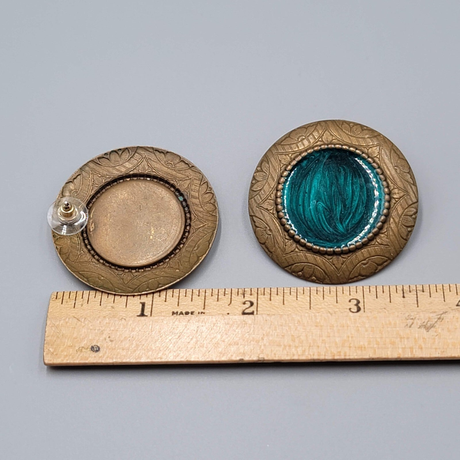 Large Round Pierced Earrings Bronze tone Green Swirl Enamel Drop 1 5/8"