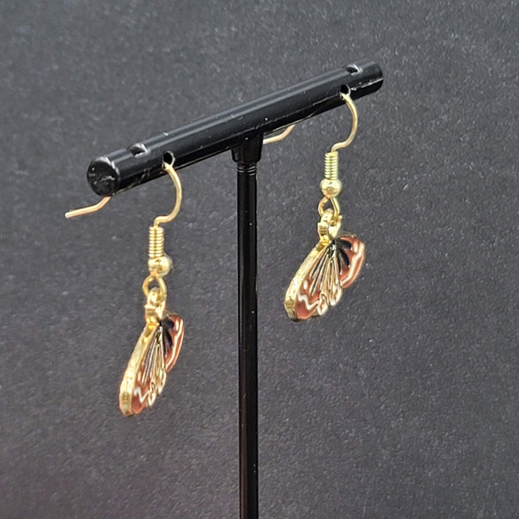 Moth Pierced Earrings Gold tone Brown Black Enamel Dangle 1/2"